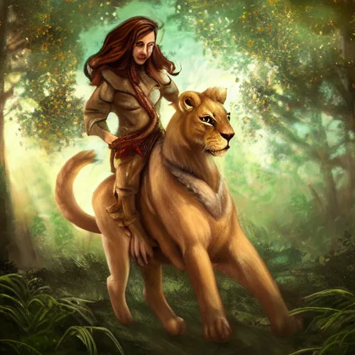 Prompt: girl riding a giant lion in the forest, trending on artstation