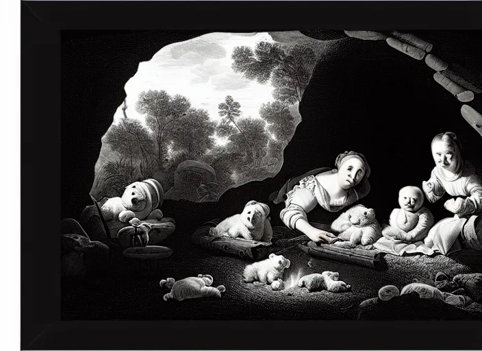 Image similar to Pieter Claesz's 'bear and her cubs sleeping in a dark cave lit by campfire', night time, cross hatching, framed