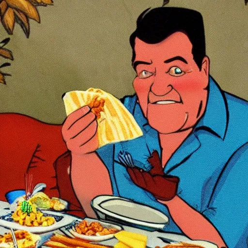 Prompt: Fred Flintstone eating tamales, The Flintstones