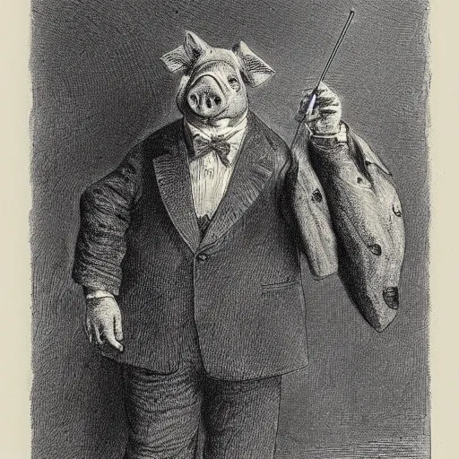 Prompt: a pig in a tuxedo, dark, high detail, dramatic light, drawing gustave dore