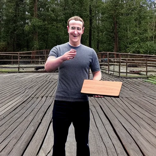 Prompt: mark zuckerberg holding a wooden coaster up to the camera