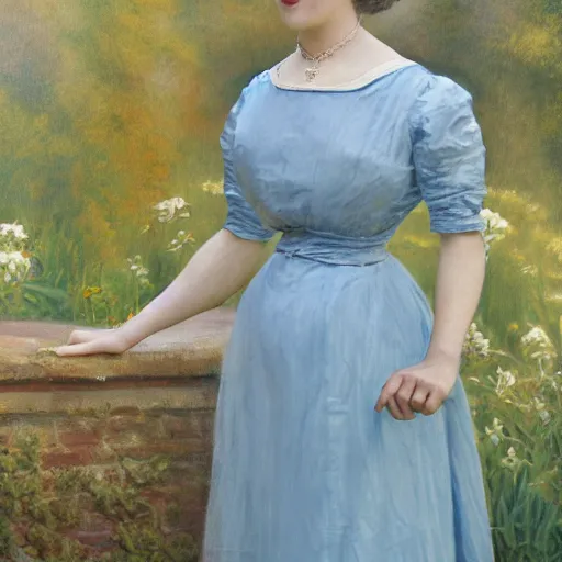 Prompt: portrait painting of a lady wearing a light blue dress 1 9 0 0 s, light, airy, garden, photorealistic, extreme detail, sharp focus, 8 k, intricate, hyper detailed, realistic, cinematic lighting