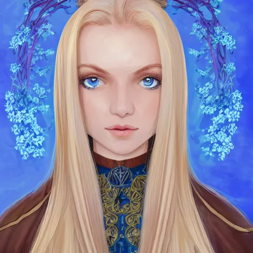 Image similar to portrait, 30 years old women :: fantasy :: blue eyes, long straight blonde hair, flower in hair :: attractive, symmetric face :: brown medieval cloting, natural materials :: high detail, digital art, RPG, concept art, illustration