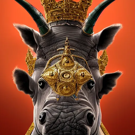 Image similar to detailed photorealistic painting of a one horned rhino wearing a highly detailed ornamented gold crown with diamonds, in a medieval knight armor with red cape , holding a chess piece, sharp focus in the style of ruan jia, Mandy jurgens, cinematic light, concept art, trending on artstation, ultra realistic