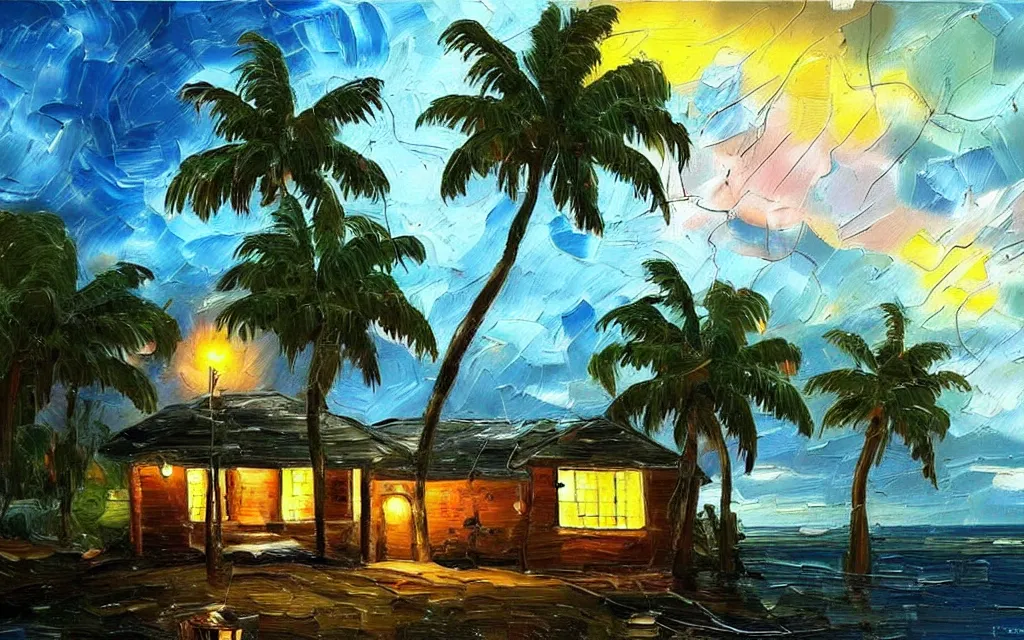 Prompt: a very very small island! with a paved patio!!, cute cozy large cottage!! and string lights!!!, palm trees, dark very late evening cloudy, dramatic and dynamic lighting, thick brush strokes oil impasto painting