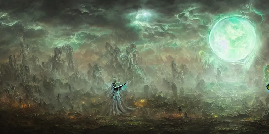 Image similar to concept art of translucent glowing fairies, lovecraftian, renaissance, melting, round moon, rich clouds, fighting the horrors of the unknown, very detailed, volumetric light, mist, fine art, decaying, textured oil over canvas, epic fantasy art, very colorful, ornate scales