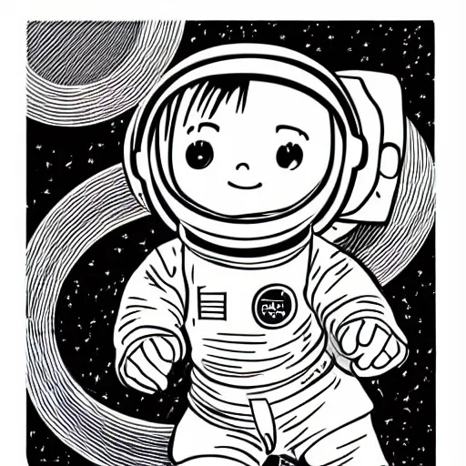 Image similar to clean simple line art of a little girl with short wavy curly hair floating in space. she is an astronaut, wearing a space suit. white background. well composed, clean black and white line drawing, beautiful detailed face. comic book art by charlie adlard