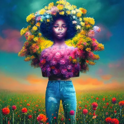 Prompt: afro made of flowers, full body, girl standing in a field with flowers, surreal photography, hills, big trees, sunrise dramatic light, impressionist painting, colorful clouds, digital painting, pointillism, artstation, simon stalenhag