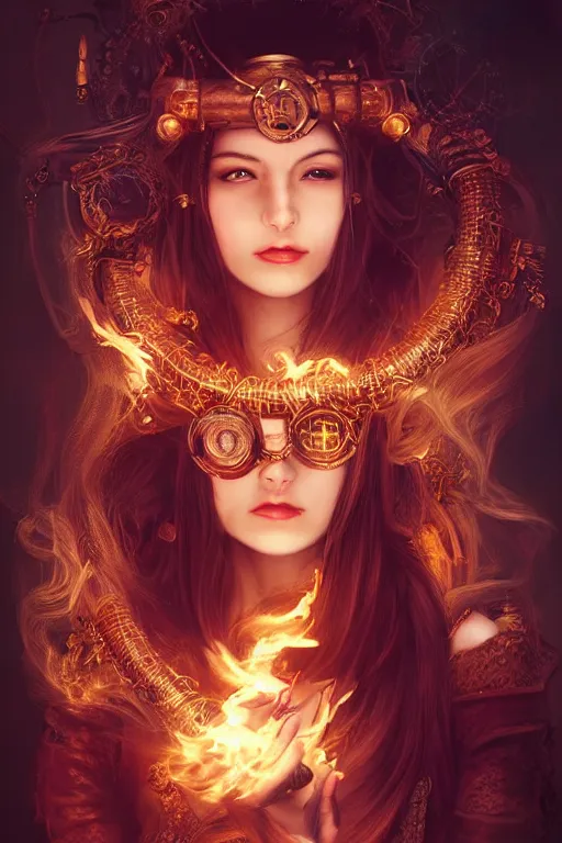 Image similar to a beautiful portrait of a young woman, steampunk Chandra sorceress of fire, big googles over her head, long flowing hair glowing with fire, steampunk costume mostly red and gold young female face, cinematic top lighting, insanely detailed and intricate, face by wlop, Charlie Bowater, golden ratio, symmetric, elegant, ornate, luxury, elite, matte painting, cinematic, trending on artstation, deviantart and cgsociety, 8k, high resolution