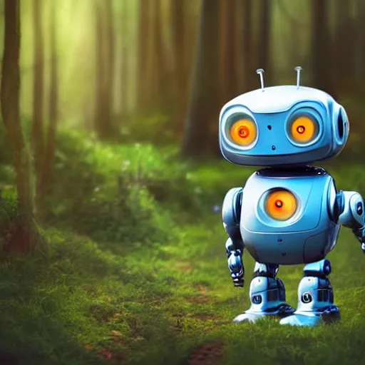 Image similar to very cute robot, portrait, pixar style, forest background, cinematic lighting, award winning creature portrait photography