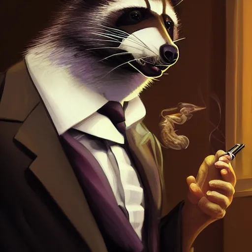 Image similar to a racoon wearing a suit smoking a cigar on his mouth, dramatic lighting, cinematic, establishing shot, extremly high detail, photorealistic, cinematic lighting, artstation, style by James Gurney