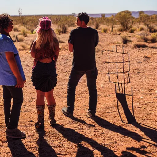 Prompt: photograph of three ravers, two men, one woman, woman is in a trenchcoat, blessing the soil at night, seen from behind, talking around a fire, two aboriginal elders, dancefloor kismet, diverse costumes, clean composition, desert transition area, bonfire, starry night, australian desert, xf iq 4, symmetry, sony a 7 r