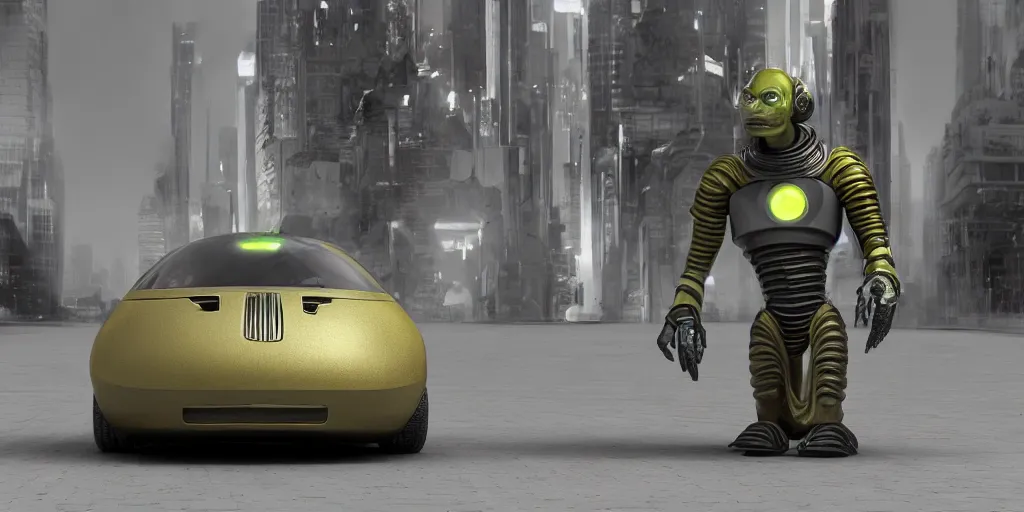 Prompt: a space alien from the future on the first day of driver's ed learns to parallel park. digital art, 3 d render, dramatic lighting, comedy, science fiction, epic fantasy, surreal. style of fifth element ( film )