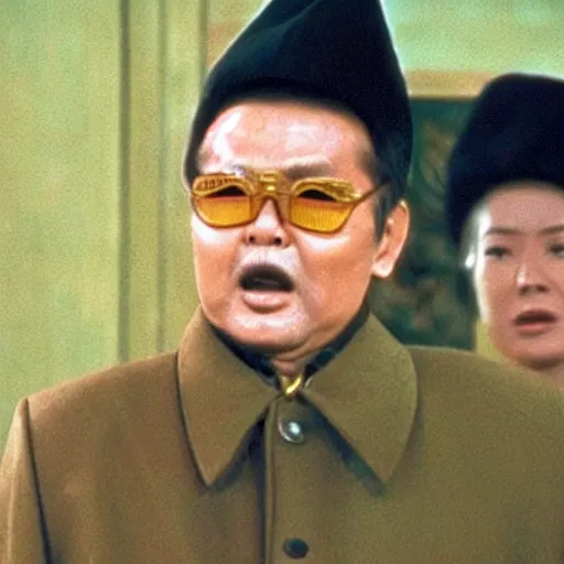 Prompt: a still of Kim Jong-il disguised as Omar Sharif wearing a furry Chapka in Doctor Zhivago, 35mm film, classic iconic pose