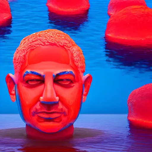 Image similar to a giant human head sculpture looking like banjamin netanyahu in the sea made out of juicy and transparent red jelly, long shot, hyper detailed, hyper realistic, ray tracing, 8 k resolution, sharp focus, realistic water, award winning