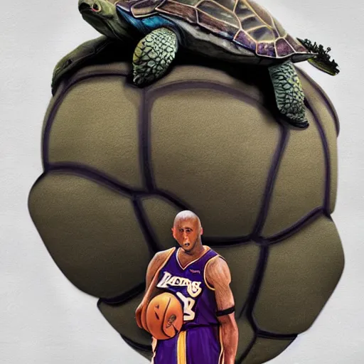 Image similar to kobe bryant kissing a giant turtle in heaven, photorealistic, side view, amazing digital art, amazing detail, fantasy art, artstatiom, cgsociety, epic art