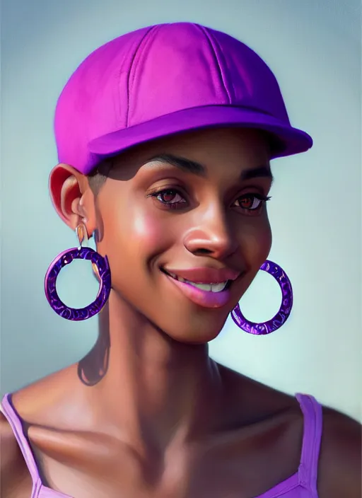 Image similar to portrait of vanessa morgan, black teenage girl, pink hair, wavy pixie haircut, purple newsboy cap, hoop earrings, subtle confident smile, intricate, elegant, glowing lights, highly detailed, digital painting, artstation, concept art, sharp focus, illustration, art by wlop, mars ravelo and greg rutkowski