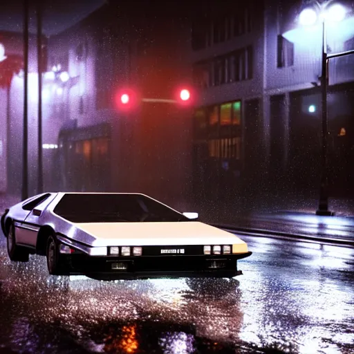 Image similar to hyperdetailed, photorealistic photograph of a dmc 1 2 delorean driving in the streets, rain, night, dense fog, hd, unreal engine 5