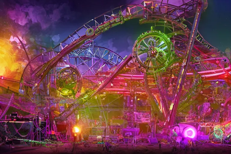 Image similar to an outdoor festival stage, neon letters tripmachine, center of the stage is a big futuristic steampunk generator with gears and belts and tubes, surrounded by a rollercoaster with a steam train, rock musicians on the stage, laser show, 8 k, fluorescent colors, halluzinogenic, multicolored, exaggerated detailed, unreal engine