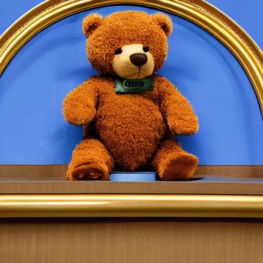 Image similar to a photo in a circular ornate golden frame, of a brown and red college mascot bear wearing blue jeans sitting on the bleachers inside the gym,