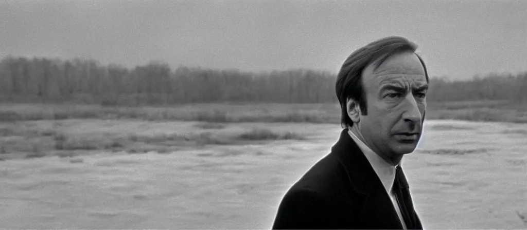 Image similar to A still of Saul Goodman in an Andrei Tarkovsky film, black and white, gloomy