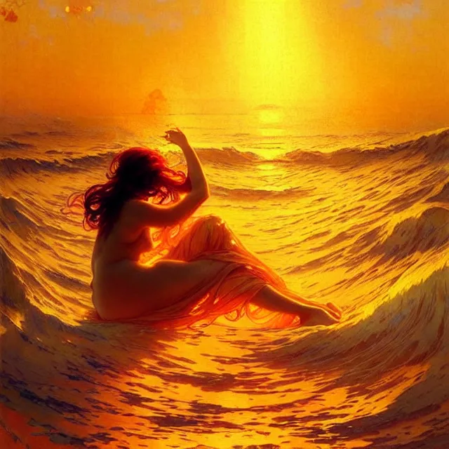 Image similar to ocean waves of glossy liquid honey drops flowing like translucent amber, lsd waves, lsd ripples, backlit, sunset, refracted lighting, art by collier, albert aublet, krenz cushart, artem demura, alphonse mucha