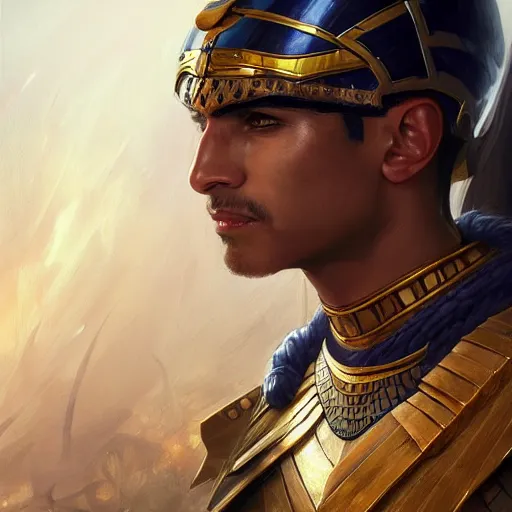 Image similar to male egyptian warrior, D&D, painted fantasy character portrait, headshot, intricate, elegant, highly detailed, digital painting, artstation, concept art, sharp focus, illustration, art by artgerm and greg rutkowski and alphonse mucha