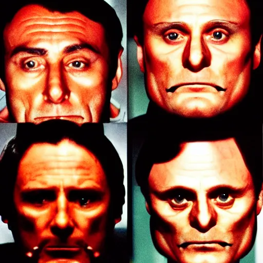 Image similar to Columbo vs Hannibal Lecter, cinematic, faces in focus, symmetrical faces!!!, round symmetrical eyes!!!, kodak 2383 film