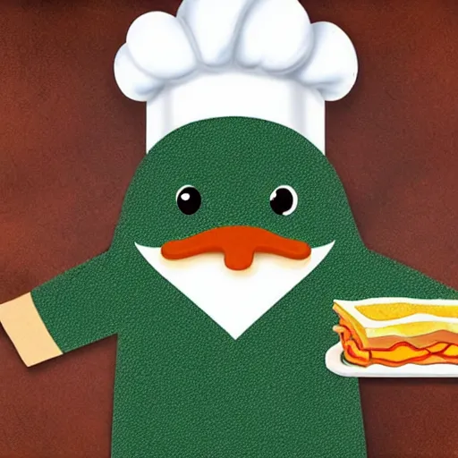 Image similar to cute platypus wearing a chef hat and holding a lasagna with three basil leaves over the lasagna