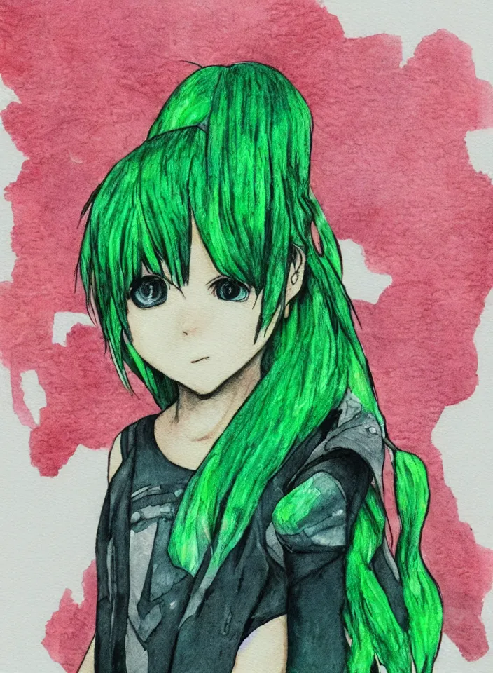 Image similar to portrait of a kid with green hair wearing futuristic clothes, hand drawn manga watercolour