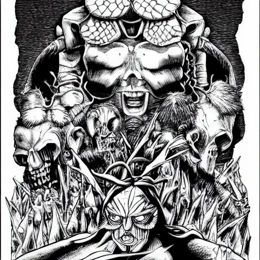 Image similar to Metalocalypse by Kentaro Miura, highly detailed, black and white