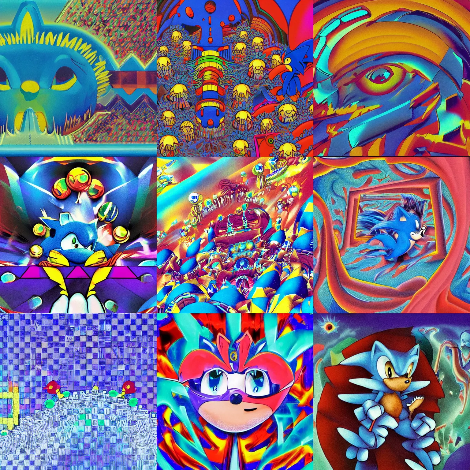Prompt: close up retro sonic the hedgehog checkerboard horizon in a surreal, soft, ornate, professional, high quality airbrush art mgmt shpongle album cover of a chrome dissolving LSD DMT blue sonic the hedgehog surfing through vaporwave caves, , 1980s 1982 Sega Genesis video game album cover