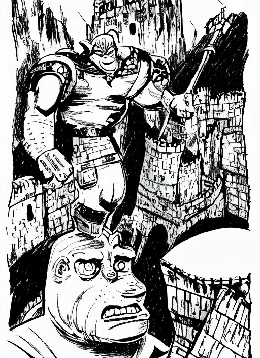 Image similar to detailed children's comic book drawing of a ( cute ogre ) looking at a ( stronghold castle ) by jack kirby!!! and gris grimly, cinematic, epic, awesome bright color palette, hard contrast, black ink outlines