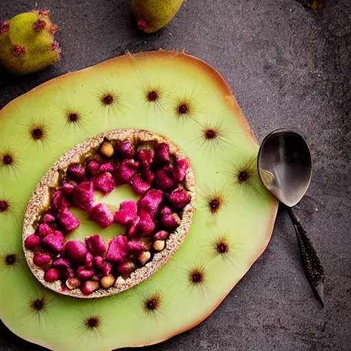 Image similar to cactus flavoured tart, with prickly pears over it, food photography