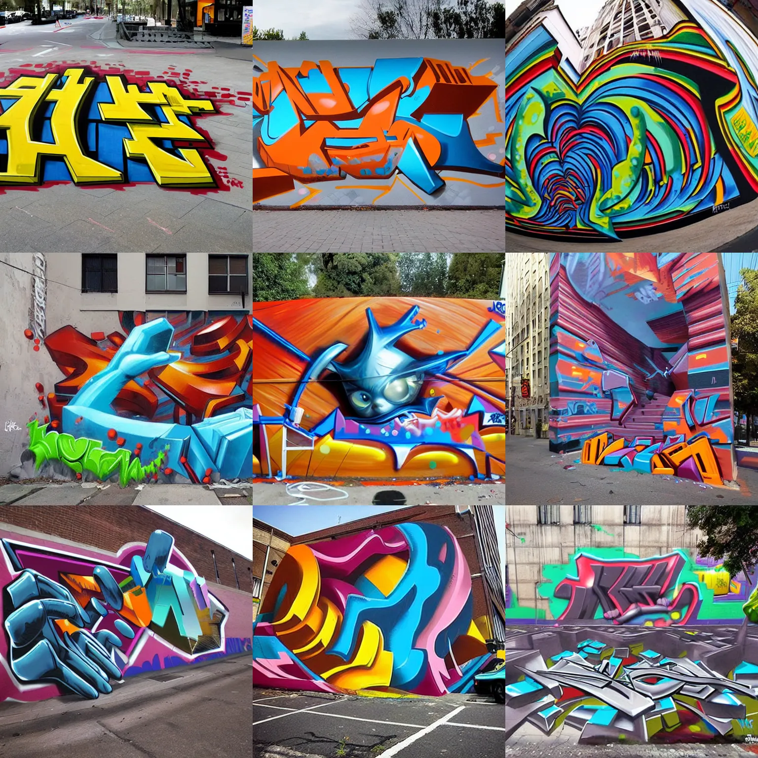 Prompt: 3 d graffiti art, dynamic perspective