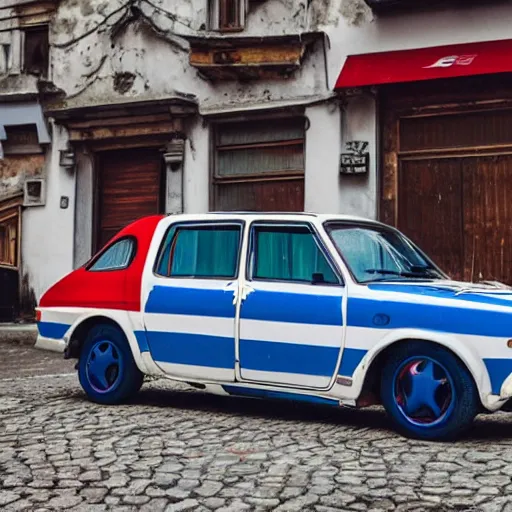 Prompt: Yugo car in white blue and red colors with text that says slovenia