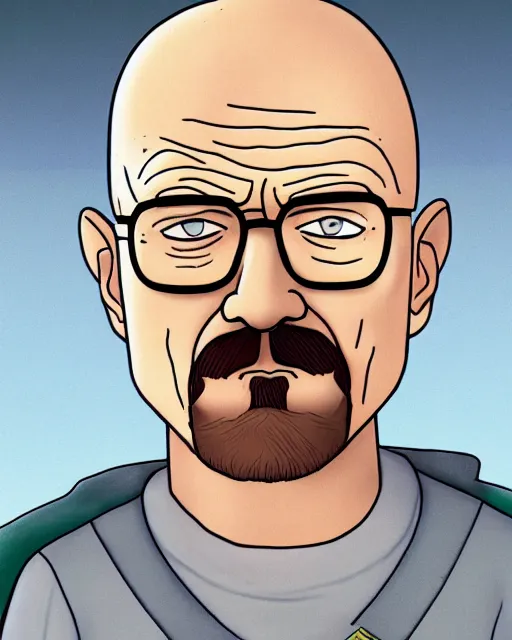 Image similar to portrait of walter white in the style of justin roiland. heisenberg from breaking bad. cinematic lighting. style of rick & morty. photographic, photography. by justin roiland