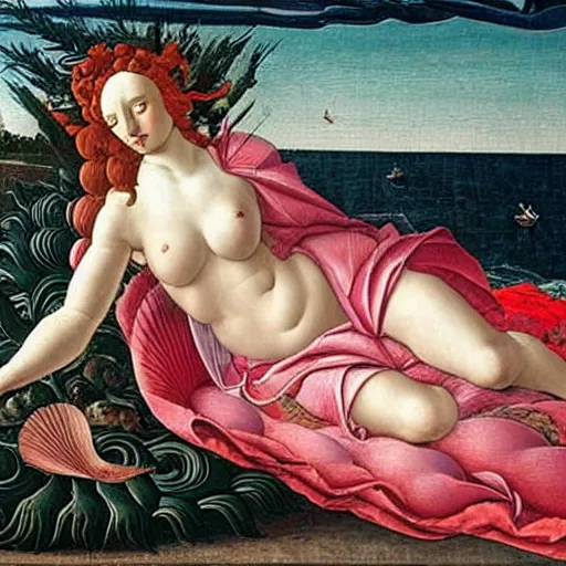 Prompt: an hyperrealistic mythological oil painting of venus with long curly brown hair, full body, wearing pink floral chiton, sleeping on a giant scallop shell, near the seashore, intricate lines, elegant, renaissance style, by sandro botticelli