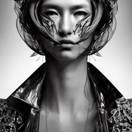 Prompt: the portrait of an absurdly beautiful, graceful, elegant, sophisticated, fashionable cyberpunk gravure idol, an ultrafine hyperdetailed illustration by kim jung gi, irakli nadar, intricate linework, bright colors, porcelain skin, unreal engine 5 highly rendered, fashion photography, half of face electronics, global illumination, radiant light, detailed and intricate environment