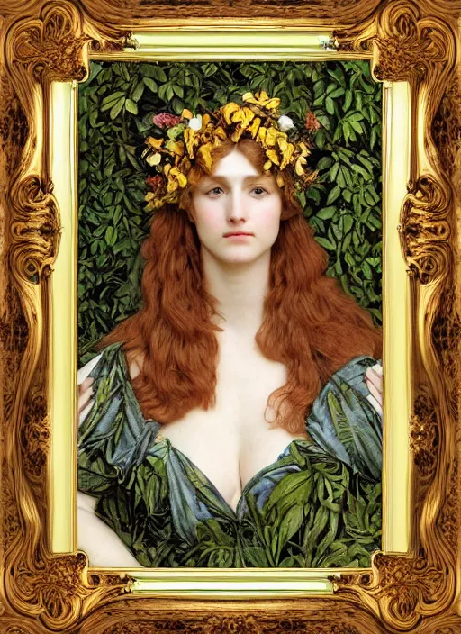 Image similar to masterpiece beautiful seductive flowing curves preraphaelite face portrait amongst leaves, extreme close up shot, straight bangs, thick set features, yellow ochre ornate medieval dress, laying amongst foliage mushroom forest circle arch, frederic leighton and kilian eng and rosetti and preraphaelites, william morris, framed, 4 k