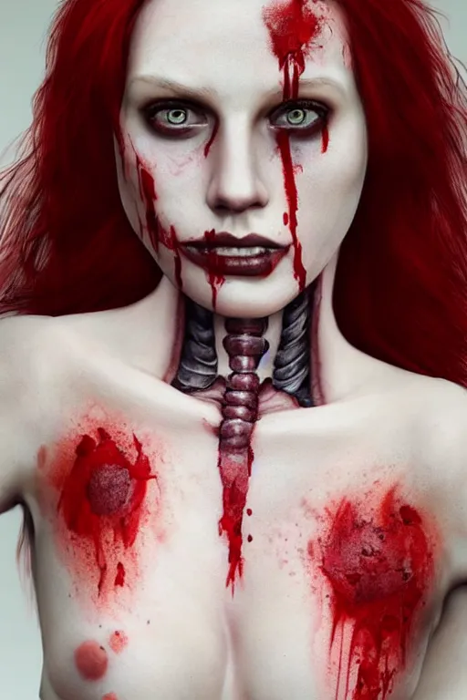 Prompt: pale woman covered with blood, rolyatistaylor face!!!, red hair, skeleton full body tattoo, ultra realistic, concept art, intricate details, highly detailed, 4 5 mm. photorealistic, octane render, 8 k, unreal engine. film still, heavy grain, 3 5 mm, art by artgerm and greg rutkowski and alphonse mucha