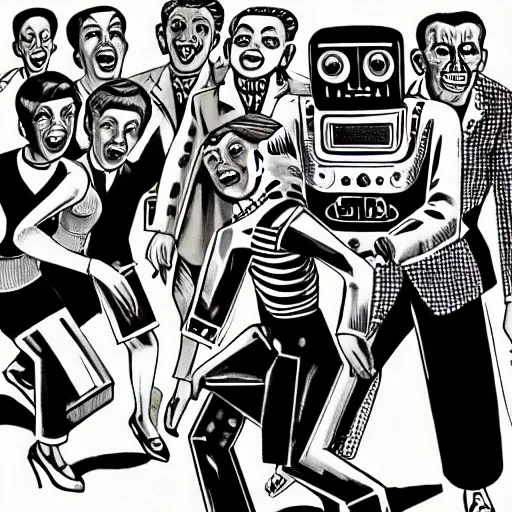 Image similar to in the style of 1960s, A scary robot is chasing after a bunch of scared adults with fully detailed faces, down the street, fully detailed , faces in focus