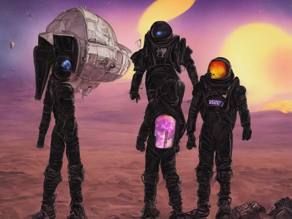 Prompt: portrait of two chubby teenagers with emo haircuts wearing gothy purple and black space spandex suits, standing next to burning spacecraft wreckage on the surface of mars, sunset, sand storm approaching, highly detailed, cinematic, artstation