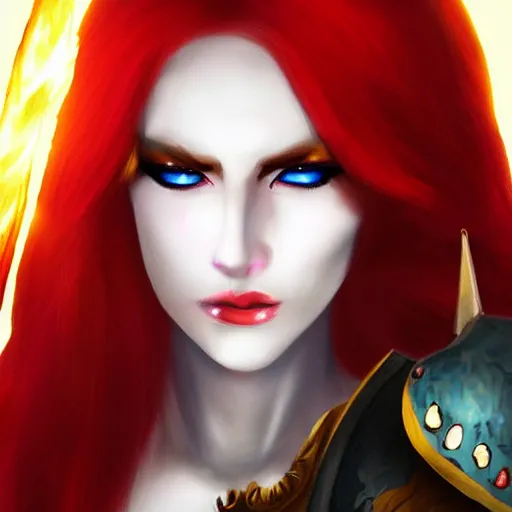 Image similar to beautiful female sorceress, dungeons and Dragons, red hair, glowing eyes