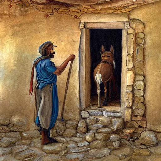 Prompt: man in ancient caananite costume painting a painting of a donkey on the doorpost of an ancient home