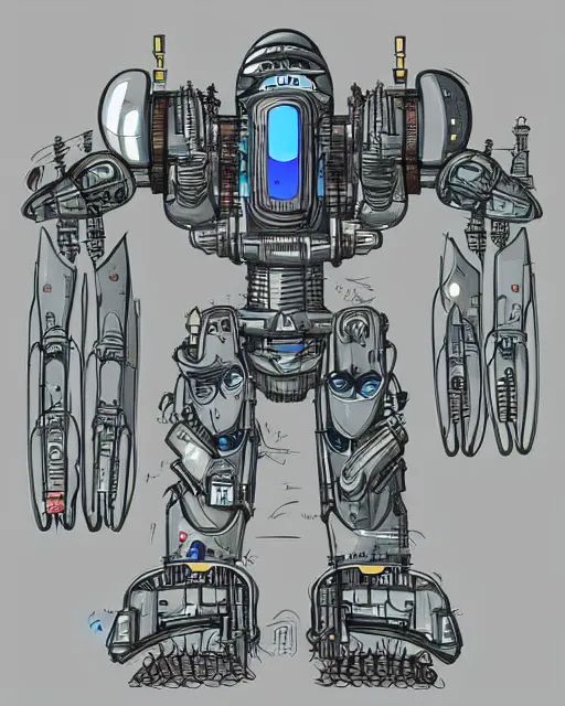 Prompt: beautiful schematic of an alien combat robot made of rocket and car engine parts, schematic, science fiction, illustration, intricate, highly detailed, studio ghibli color scheme