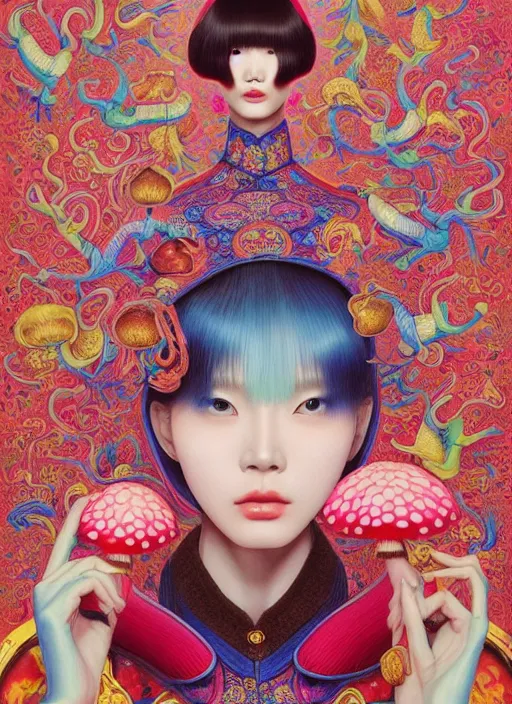 Image similar to pretty chinese model with hallucination mushroom : : by martine johanna and simon stalenhag and chie yoshii and casey weldon and wlop : : ornate, dynamic, particulate, rich colors, intricate, elegant, highly detailed, vogue, harper's bazaar art, fashion magazine, smooth, sharp focus,