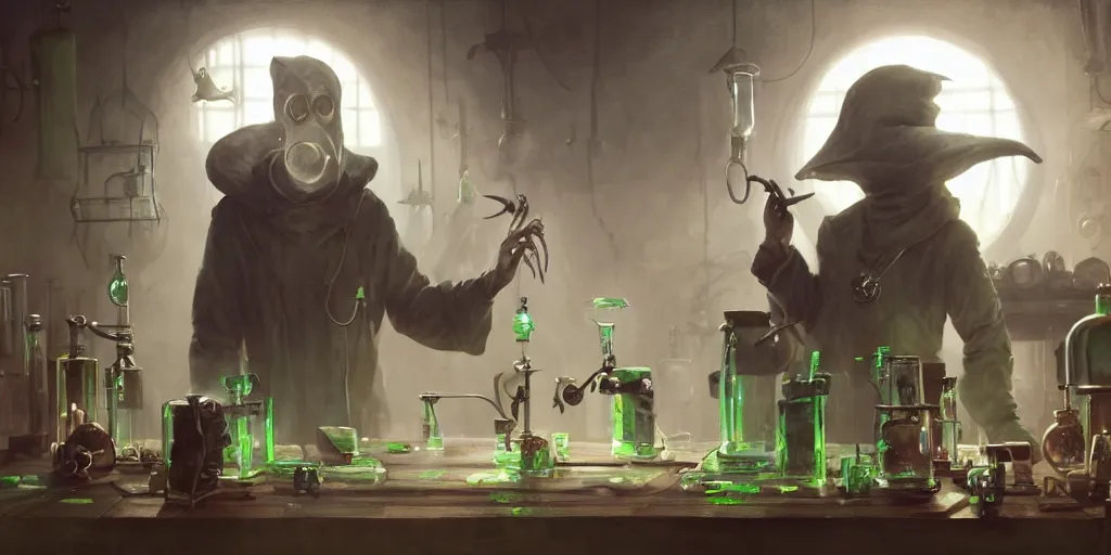 Image similar to a plague doctor and a humanoid rat in a laboratory with lots of flasks filled with magic liquids and green fog, stephen bliss, unreal engine, fantasy art by greg rutkowski, loish, rhads, ferdinand knab, ilya kuvshinov, rossdraws, tom bagshaw, global illumination, radiant soft light, detailed and intricate environment