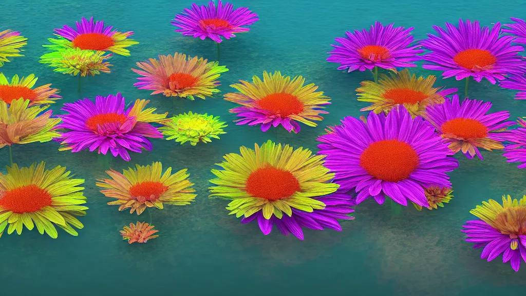 Prompt: digital illustration of a lake full of giant multi - colored gerber daisy flowers by dr. seuss, reimagined by ilm and beeple : 1 | megaflora, spectral color, electric color, rolling hills : 0. 9 | fantasy : 0. 9 | unreal engine, deviantart, artstation, hd, 8 k resolution : 0. 8