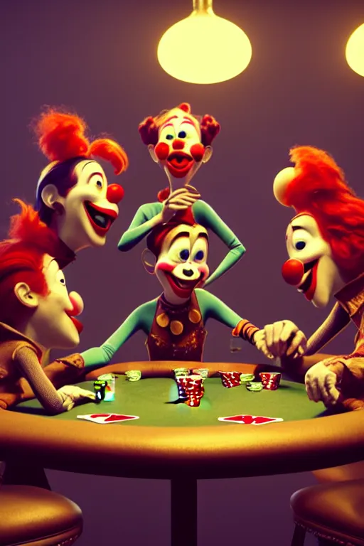 Prompt: pixar clowns sitting around a poker table, laughing maniacally | glamorous oily soft polished rich ornate modern | weta disney pixar movie still photo | hi - fructose, sci fi fantasy, smooth, octane render, sharp focus, artstation, concept art | artgerm, mucha, rutkowski, feng zhu, wlop, loish